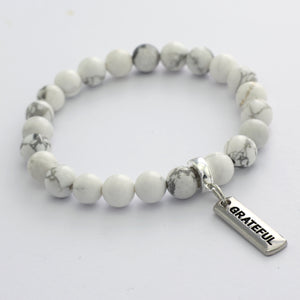 Stone Bracelet - White Marble 8mm Beads - with Silver Word Charm