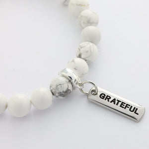 Stone Bracelet - White Marble 8mm Beads - with Silver Word Charm
