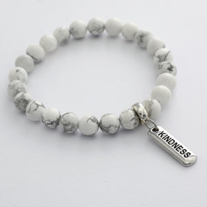 Stone Bracelet - White Marble 8mm Beads - with Silver Word Charm