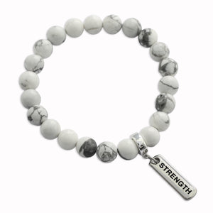 Stone Bracelet - White Marble 8mm Beads - with Silver Word Charm