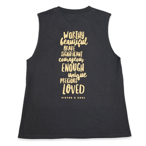 Worthy Beautiful Brave Relaxed Tank – Stone Wash Black
