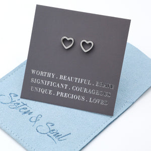 Stainless Steel Earring Studs - Worthy Beautiful Brave - OPEN HEART