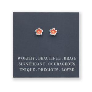 Worthy Beautiful Brave Sterling Silver Stud Earrings - Tiny Orange Flower Buds