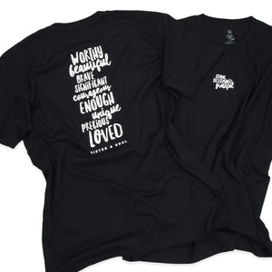 WORTHY BEAUTIFUL BRAVE - Oversized Fit - Plus Size Long Boxy Tee - Black with White Print