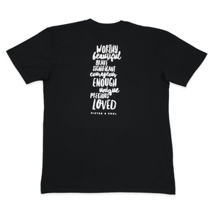 WORTHY BEAUTIFUL BRAVE - Oversized Fit - Plus Size Long Boxy Tee - Black with White Print