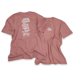 WORTHY BEAUTIFUL BRAVE - Oversized Fit - Plus Size Long Boxy Tee - Dusty Rose with White Print