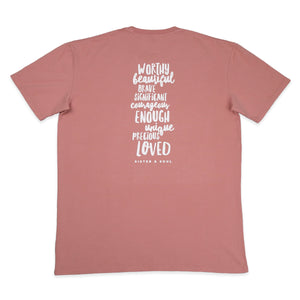 WORTHY BEAUTIFUL BRAVE - Oversized Fit - Plus Size Long Boxy Tee - Dusty Rose with White Print
