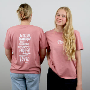 WORTHY BEAUTIFUL BRAVE - Dusty Rose Boxy Tee - White Print