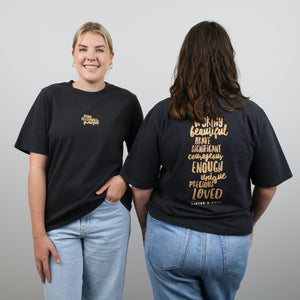 WORTHY BEAUTIFUL BRAVE - Washed Black Heavy Tee - Caramel Print