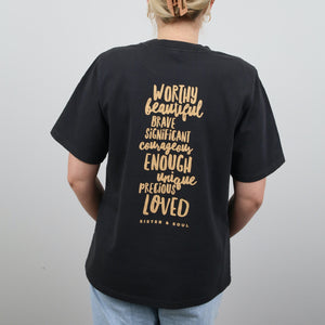 WORTHY BEAUTIFUL BRAVE - Washed Black Heavy Tee - Caramel Print