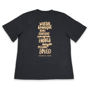 WORTHY BEAUTIFUL BRAVE - Washed Black Heavy Tee - Caramel Print