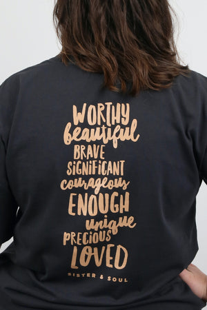 WORTHY BEAUTIFUL BRAVE - Washed Black Heavy Tee - Caramel Print
