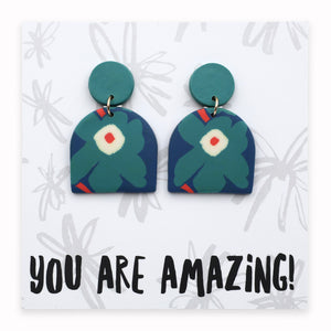 Pair of green floral earrings on a card with 'YOU ARE AMAZING!' text