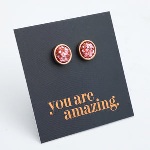 You Are Amazing - Rose Gold Stainless Steel 8mm Circle Studs - Pink Glitter (10421)