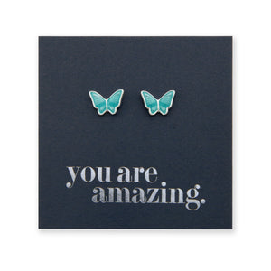 TEAL COLLECTION - Minty Teal Enamel Butterfly - Sterling Silver Stud - You Are Amazing (2415-R)