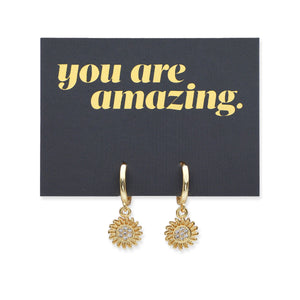 HUGGIES - You Are Amazing - Sterling Silver Gold Hoops with Sunflower Charm (11433)