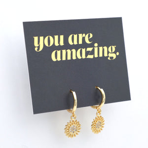 HUGGIES - You Are Amazing - Sterling Silver Gold Hoops with Sunflower Charm (11433)