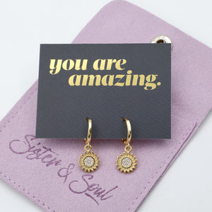 HUGGIES - You Are Amazing - Sterling Silver Gold Hoops with Sunflower Charm (11433)