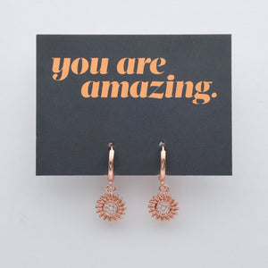 HUGGIES - You Are Amazing - Sterling Silver Rose Gold Hoops with Sunflower Charm (11661)