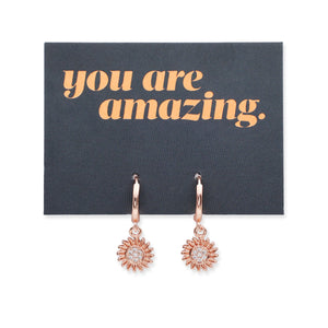 HUGGIES - You Are Amazing - Sterling Silver Rose Gold Hoops with Sunflower Charm (11661)