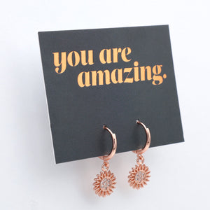 HUGGIES - You Are Amazing - Sterling Silver Rose Gold Hoops with Sunflower Charm (11661)
