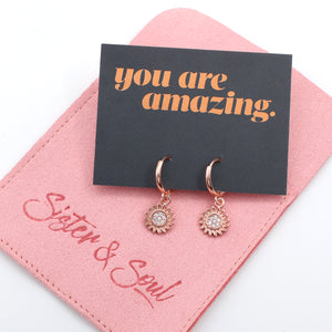 HUGGIES - You Are Amazing - Sterling Silver Rose Gold Hoops with Sunflower Charm (11661)