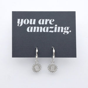 HUGGIES - You Are Amazing - Sterling Silver Hoops with Sunflower Charm (11522)