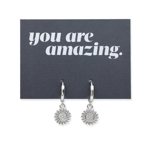 HUGGIES - You Are Amazing - Sterling Silver Hoops with Sunflower Charm (11522)