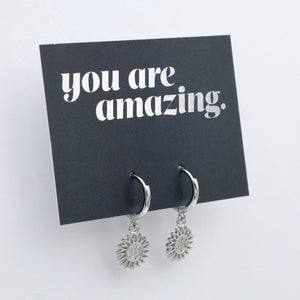 HUGGIES - You Are Amazing - Sterling Silver Hoops with Sunflower Charm (11522)