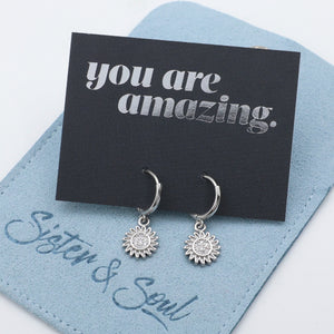 HUGGIES - You Are Amazing - Sterling Silver Hoops with Sunflower Charm (11522)
