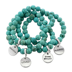 aqua breeze stone bead bracelet stack with motivational word charms