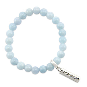 Stone Bracelet - Aquamarine Stone 8mm Beads - with Silver Word charm