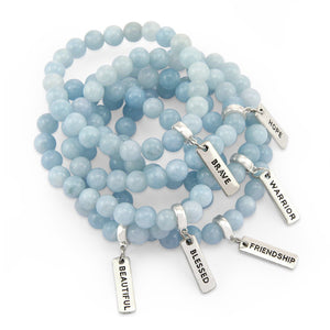 Stone Bracelet - Aquamarine Stone 8mm Beads - with Silver Word charm