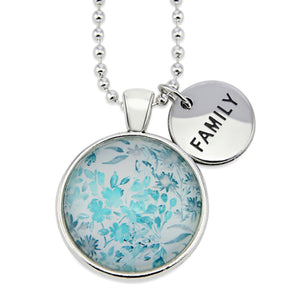 Teal print floral pendant necklace in bright silver with family charm.