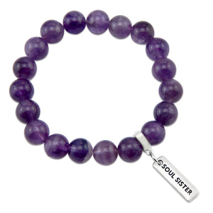Amethyst stone bead bracelet with inspiring word charms and silver clip.