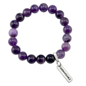 Amethyst stone bead bracelet with inspiring word charms and silver clip.