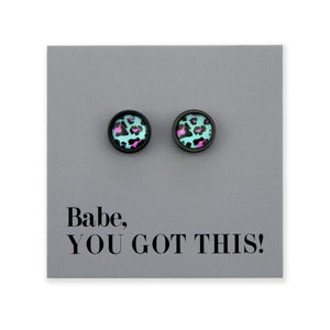 Babe You Got This - Black Stainless Steel 8mm Circle Studs - Aqua Leopard (2403)