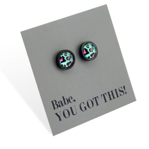 Babe You Got This - Black Stainless Steel 8mm Circle Studs - Aqua Leopard (2403)