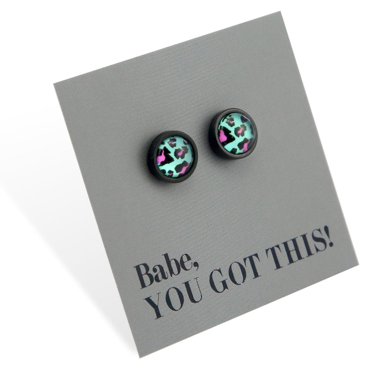 Babe You Got This - Black Stainless Steel 8mm Circle Studs - Aqua Leopard (12361)