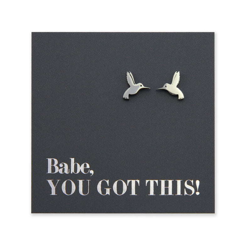 Silver, rose gold, gold and black stainless steel hummingbird studs on foil babe, you got this card