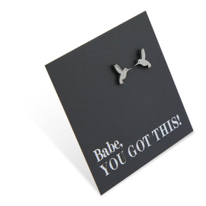Silver stainless steel hummingbird studs on foil babe, you got this card