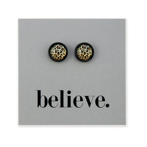 Believe - Black Stainless Steel 8mm Circle Studs - Wild Thing Leopard (13022)