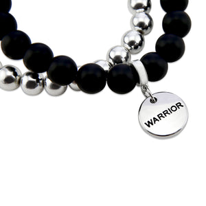 Stone Bead Bracelet Duo. Matt Black Onyx stone bead bracelet with silver clip and TEACH word charm with silver hematite stacker bracelet.