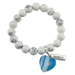 SWEETHEART Bracelet - 10mm WHITE MARBLE stone beads with BLUE Heart & Word Charm