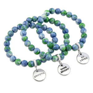 Stone Bracelet - Blue & Lime Patch Agate Stone 8mm Beads - With Silver Word charm