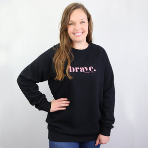 Women's Black Crew Neck Jumper with Pink Brave Print.