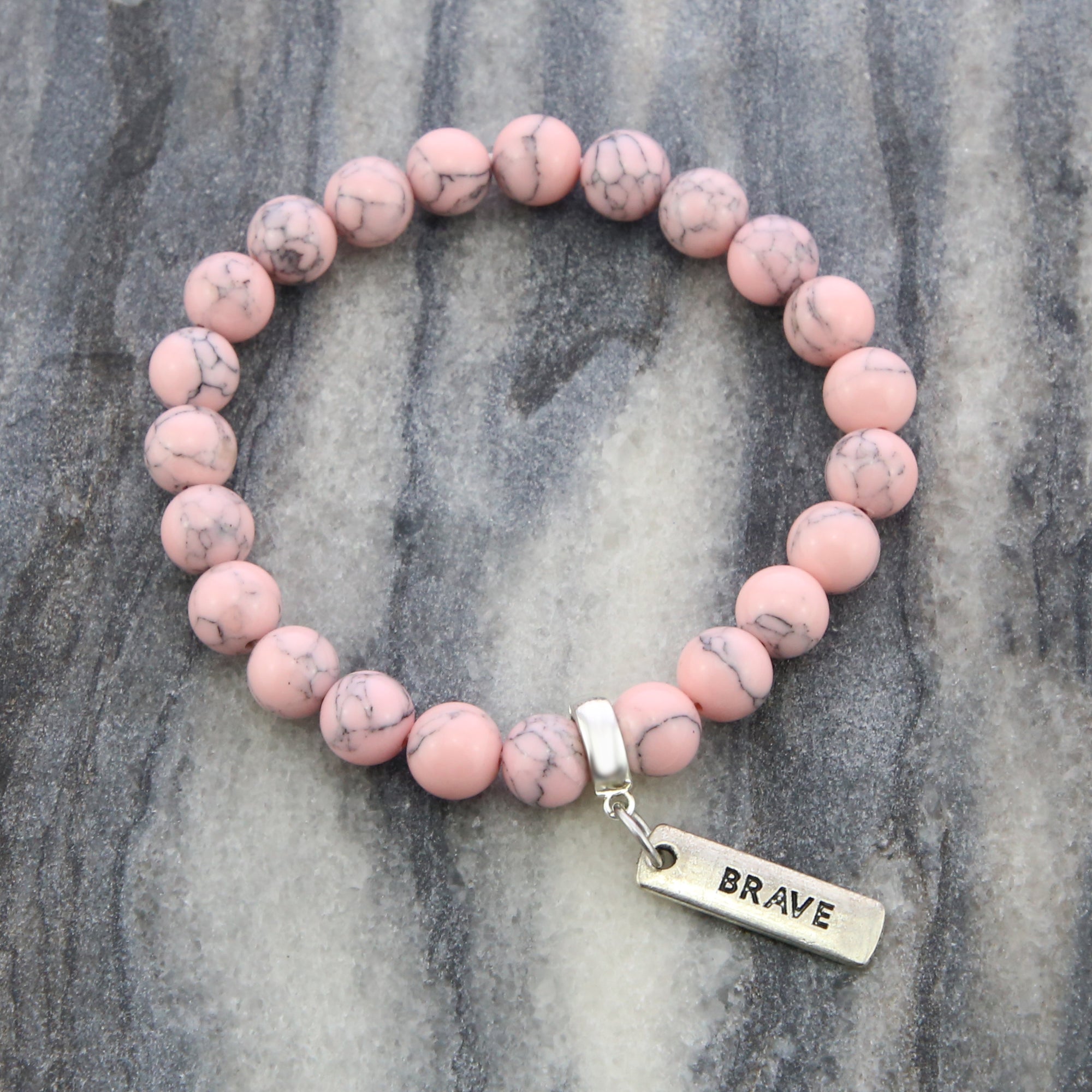 Stone Bracelet - Soft Pink Marbled 8mm Beads - with Silver Word Charm