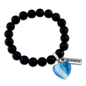 SWEETHEART Bracelet - 10mm MATT BLACK ONYX stone beads with BLUE Heart & Word Charm