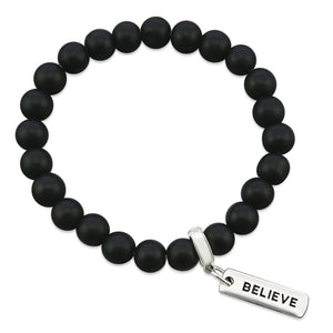 Black onyx stone bead bracelet with silver meaningful charm.