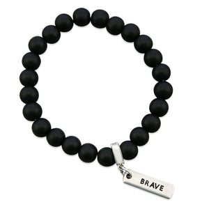 Black onyx stone bead bracelet with silver meaningful charm.